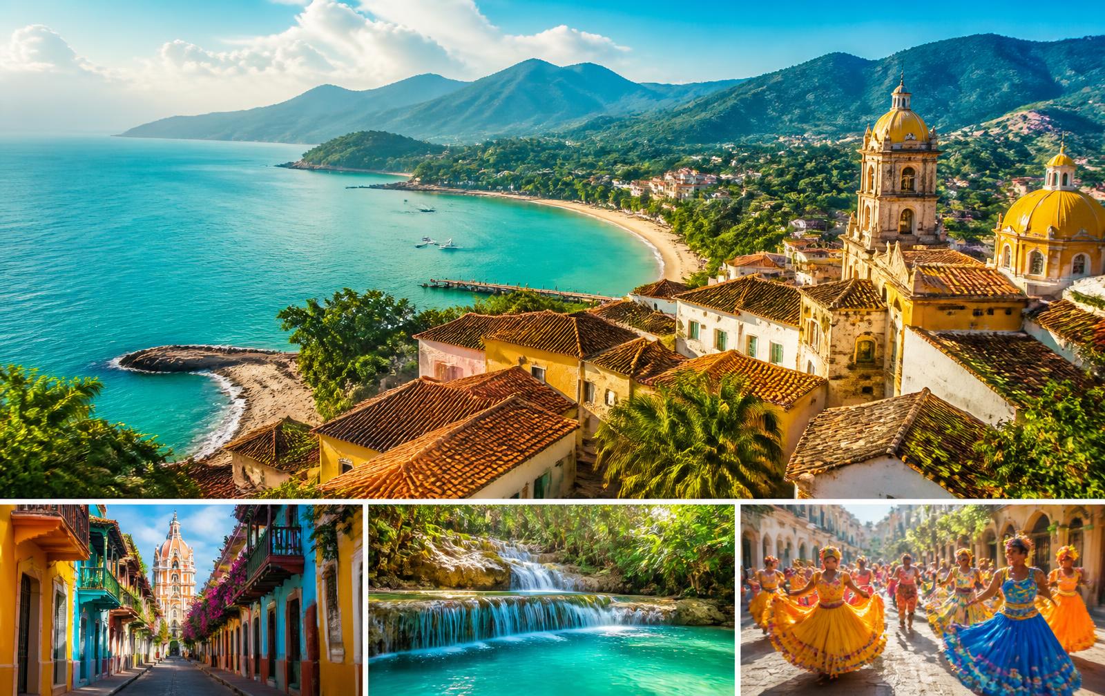 Caribbean coastline and colonial town in Latin America
